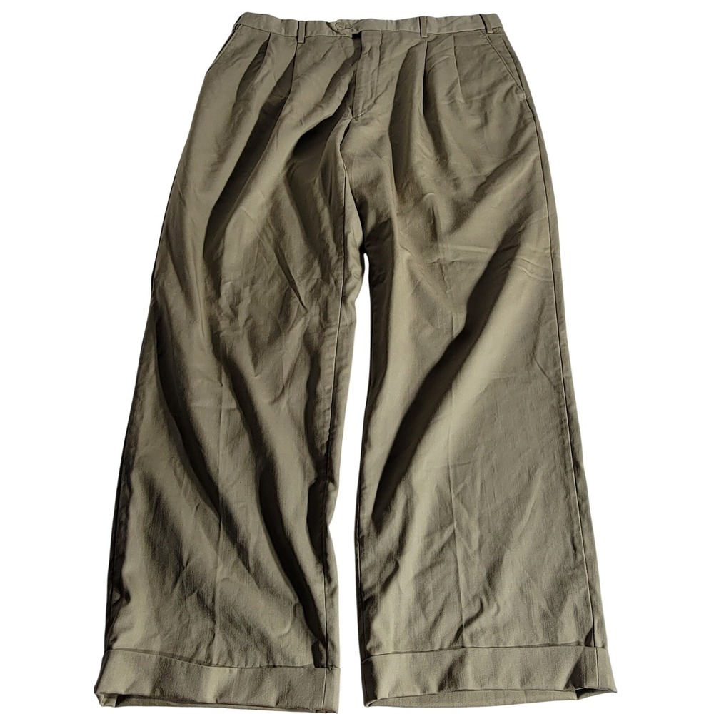 Lauren Ralph Lauren Wool Cashmere Pleated Wide Leg Cuffed Trousers Khaki 36x30